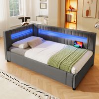 Lit enfant 90x200 - Lit banquette 90x200 cm avec LED et ports USB/Type-C, coffre de rangement hydraulique, lin gris