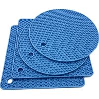Srvillg Lot 4 dessous-de-plat en silicone bleu (2 ronds 2 carrés), alimentaire, antidérapant, pliable, résistant chaleur