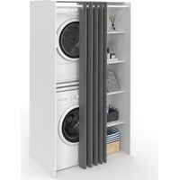 Idmarket – Meuble machine à laver double avec rideau coulissant gris – Dimensions L. 100 x l. 65 x H. 180 cm – Panneaux mélaminés blancs