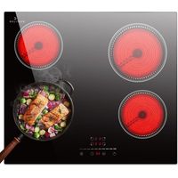 DELITEER - Plaque Vitrocéramique 4 Feux, Table de Cuisson Vitrocéramique, 59CM Encastrable, 6000W, Commande Tactile à Curseur, 9 Niveaux de Chauffage, 220V, 50Hz, sans Prse