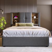 Einzelbett mit Kabellosem Laden USB C, Polsterbett Bettgestell ,Bettgestell mit Stauraum Lattenrost aus Holz-Natürlich Leinen (Ohne Matratze