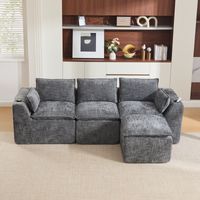 Canapé 3 places modulable avec repose-pieds, tissu velours côtelé , rembourrage mousse et ressorts, porte-gobelets - gris
