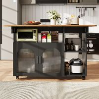 ELVMI Desserte de Cuisine avec 2 Portes, 3 Niches, Plateau Rabattable et Roulettes, en MDF et Verre, 120 x 30 x 79.5 cm, Noir et Naturel
