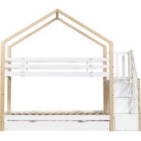 Lit enfant superposé cabane avec escalier tiroirs 90x200+90x190