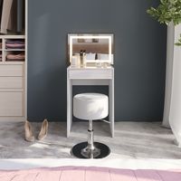 Tocador Sherry, Blanco/blanco alto brillo, 51.4 cm con espejo LED y taburete, Vicco