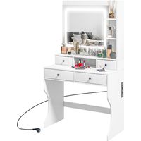 Toeletta Trucco con Luci LED 3 Tonalità e Specchio, Prese USB, 4 Cassetti e Mensole, 90x45x160cm, Bianco