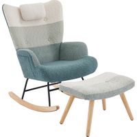CAIziFauteuil à bascule en bouclette, style patchwork rayé multicolore, pieds en bois d’hévéa, structure en fer pulvérisé, fauteuil de salon et de chambre avec repose-pieds