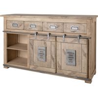 Massivmoebel24 – Buffet 150x45 cm en manguier laqué blanchi – Style industriel avec portes coulissantes sur rails – Aspect vieilli authentique