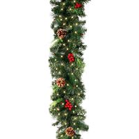 180 cm Artificial Christmas Tree Garland with Red Fruit Pine Cone, Christmas Tree Wreath for Fireplace Door Staircase Decoration (180 cm, Garland with LED)
