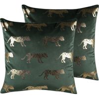 Lot 2 Coussins Décoratifs Verts 45 x 45 cm en Velours avec Motif Tropical Tigre Doré pour Salon ou Chambre de Style Moderne ou Glamour Beliani