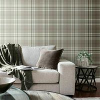 Mushroom White Taupe Check Wallpaper Country Tartan Plaid Stripe Muriva Kelso