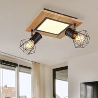 Plafonnier, lampe de salon, circuit imprimé LED, écran grille métallique, spots, mobile, aspect bois, 2 x E27 max 7W, LxPxH 30x30x22,5 cm
