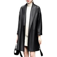 Trench en cuir véritable avec col en V pour femme, longueur mi-longue, ceinture à lacets, veste en peau de mouton