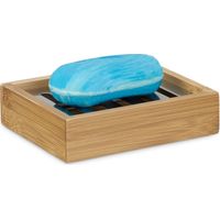 Relaxdays Porte-savon bambou, rectangle, grille en inox. support pour savon, salle de bain HxlxP : 3x12,5x10 cm, nature