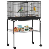 Jaula para Pájaros con Divisor Comederos Bandeja Extraíble y Soporte para Canarios y Periquitos 76x46x46/116 cm Negro