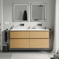 Unterschrank Bernstein LAVOA 120 cm mit Mineralguss Waschbecken BRUXELLES - Metallgriff Schwarz matt, Eiche Honiggold, Waschbecken Weiß matt ohne Hahnloch