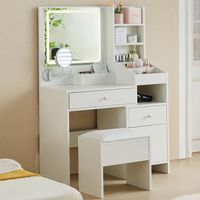Jymtom – Coiffeuse enfant avec miroir et lumières LED – 130 cm x 87 cm x 36 cm – Bois MDF résistant aux rayures – 5 tiroirs et tabouret inclus