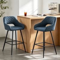 AINPECCA 2pcs Blue-Grey Bar Stool PU Leather Seat w/Backrest &Armrest Metal Leg Kitchen Breakfast