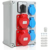 TolleTour Distributore di corrente a parete con interruttore a camme L-0-P e MCB, distributore di corrente da cantiere con 3 prese CEE 16/32A con messa a terra