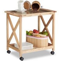 Relaxdays Küchenwagen Holz auf Rollen, 2 Etagen Servierwagen, Rollwagen mit Glasplatte, HxBxT: 63 x 66,5 x 38 cm, natur