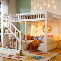 Cama infantil de 140x200 cm – Cama alta – Escaleras – Almacenamiento – Blanca – Barandillas de seguridad – Diseño de cielo estrellado