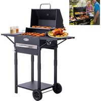 Barbecue au charbon avec grille émaillée, grille de maintien au chaud, accessoires de cuisson, barbecue de camping, tablette latérale et roulettes