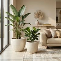Ensemble de 2 jardinières rondes en béton, grands pots décoratifs rustiques faits main pour l'extérieur et l'intérieur, avec trous de drainage pour la maison, le jardin et la terrasse, 38 x 32 cm et 4