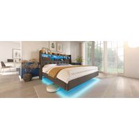 Lit double 180x200 cm, lit suspendu, éclairage LED, panier, prise courant (1C+3USB), rangement au-dessus, matelas toile, couleur gris, sans matelas.
