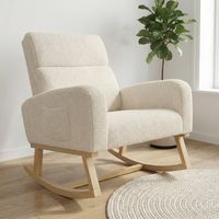 Poltrona a Dondolo, 69x78x87cm, Sedia a Dondolo con Tasche Portaoggetti e Seduta Ampia, Tessuto Orsetto e Legno, Design Scandinavo, Beige