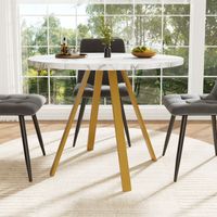 Runder Esstisch (80×80×75cm), Küchen-Esstisch, runder Couchtisch für 4 Personen, geeignet für Esszimmer, Wohnzimmer, Tischbeine aus Metall, weißes Marmormuster und goldene Tischbeine