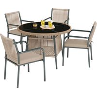 Ensemble jardin rotin 5 pièces – Table ronde verre trempé 110 cm + 4 chaises à accoudoirs, structure fer, dossier en corde tressée, coussins inclus – Gris – Terrasse, balcon