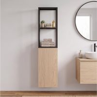Mob-In – Colonne de salle de bain à suspendre décor chêne et métal 120 cm – 2 étagères modulables – Style moderne pour aménagement sur-mesure