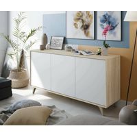 Buffet moderne 3 portes – Buffet de cuisine 154x41x75 cm – Structure stratifiée chêne et blanc – Système d'ouverture push – Mirakemueble