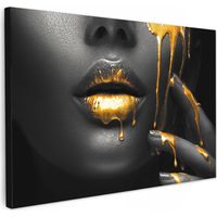 Canvas Print Woman - Black - Gold - Face - Lips 120x80 cm