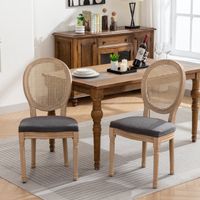 French Style Solid Wood Frame Antique Painting Linen Fabric Rattan Back Dining Chair, Set of 2,Gray ,DE1843DG