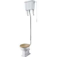 Milano Richmond White Ceramic Close Coupled Bathroom Toilet Pan WC and High Level Cistern with Oak Effect Seat