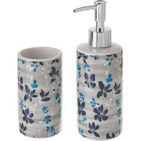 Set Salle de Bain Blanc et Bleu Floral - Distributeur Savon + Verre