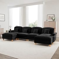 Sofá modular de 4 plazas tapizado en chenilla, faldón extraíble (2 estilos), puf móvil, patas cónicas, color negro