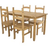 Corona Rectangular Dining Table and 4 Chair Set - Pine - 150 x 75 x 75 cm - Antique Waxed Pine