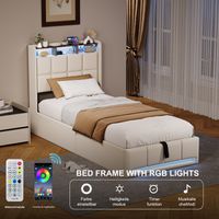 HYTKKBD-Lit Coffre 90x200 avec Port USB et Lumières LED Réglables,Lit Simple Capitonné,Lit Adult 90x200,Lit 90x200,Lit Hydraulique,Rangement Hydraulique,Lin,Beige