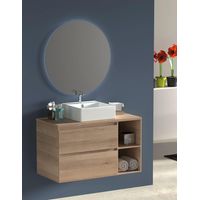 Zeus Badezimmer-Set, mit Möbel, rundem Spiegel mit Hintergrundbeleuchtung und Waschbecken auf Arbeitsplatte Sinatra Eiche 80 cm Rechtes Regal