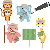 Toppers Pikers SAFARI Animaux Anniversaire 6 pièces.