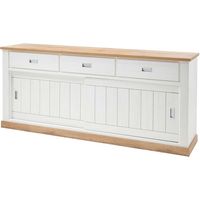 Credenza Soggiorno 3 Cassetti 2 Ante Scorrevoli 4 Ripiani Interni Mobile Buffet Madia Dispensa Cucina Zona Living Design Classico Moderno 220 x 50 x 95 Cm Colore Bianco E Rovere