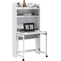 Bureau informatique avec étagères de rangement plateau rabattable 2 roulettes pour chambre salon 80 x 69 x 155 cm blanc