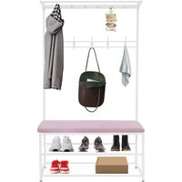 Porte-manteau avec banc 100 x 33 x 170 cm, porte-vêtements avec crochets et étagère à chaussures à 2 niveaux, étagère de couloir pour entrée, chambre à coucher, salon, design industriel (blanc+rose)