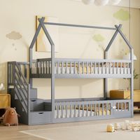 REDOM Letto a castello 90x200 cm tetto creativo spazio gioco porta mini cassetti legno grigio (Senza materasso)