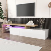 TV-Schrank im modernen Design, 3 glänzend weiße Türen, Glasböden, LED-Beleuchtung, Holzoptik, 197,5 x 39 x 42 cm
