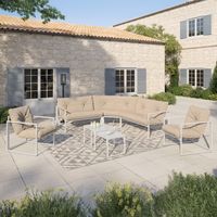 NAIROBI conjunto de muebles bajos de jardín 8 plazas salón esquinero de acero blanco con cojines beige