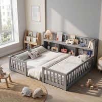 Montessori Bodenbett 140x200 cm mit Bücherregal und Sicherheitsgitter, Familienbett aus Holz, Grau
