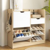 Étagère à chaussures pour entrée avec tiroir, étagères ouvertes, 4 crochets pour 14 paires de chaussures, naturel et blanc